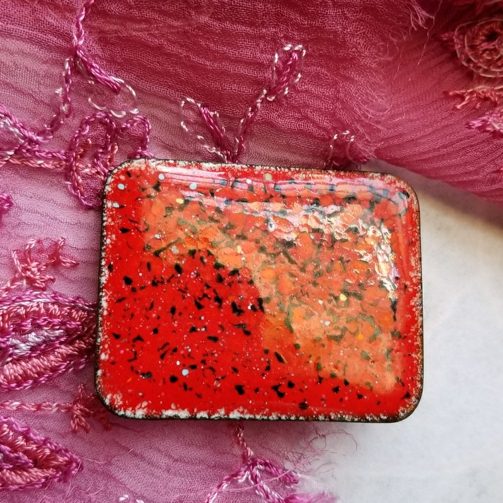 Vintage brooch enamel on copper broach pin speckled red handmade